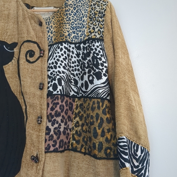 Black Cat Blazer Jacket Women's Medium Tan Patchwork Bead Embroidery Button - Picture 5 of 15
